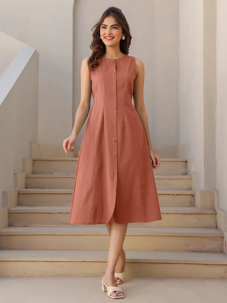 Rust Cotton Solid A-line Dress
