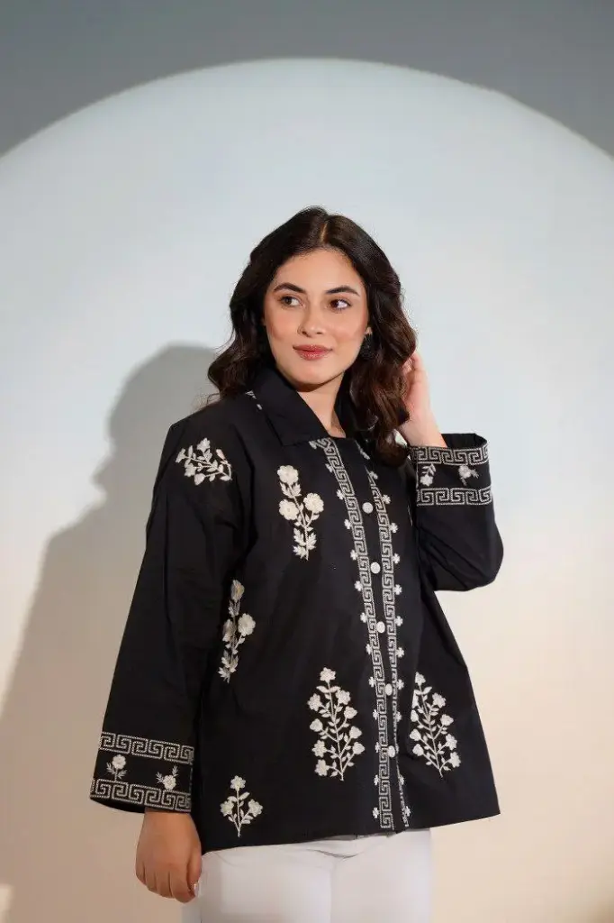 Black Off White Embroidered Shirt Top