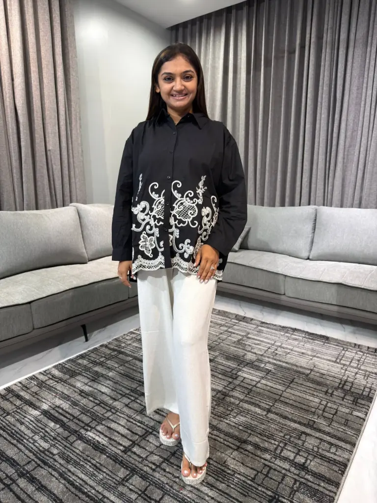 Black Cotton Off White Embroidered Shirt Top