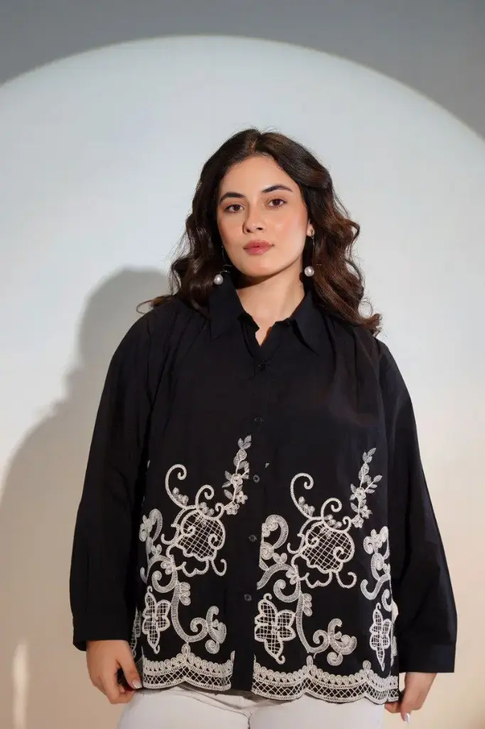 Black Cotton Off White Embroidered Shirt Top