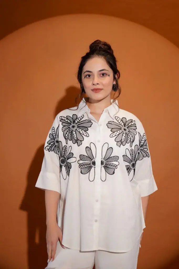 White Cotton Black Embroidered Shirt Top