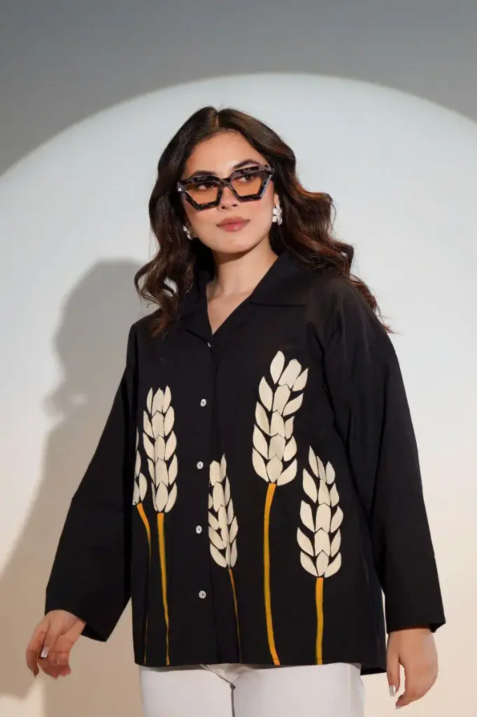 Black Cotton blossom plant brush printed shirt top