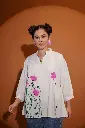 White Cotton Pink Floral Brush Printed Shirt Top