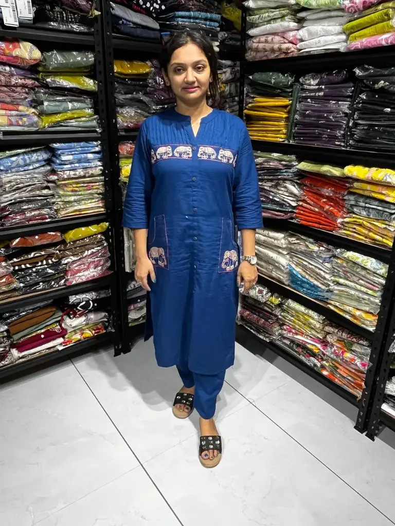 Rama Blue Cotton Elephant Embroidered 2 Piece Pair