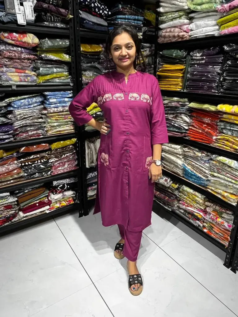 Rani Pink Cotton Elephant Embroidered 2 Piece Pair