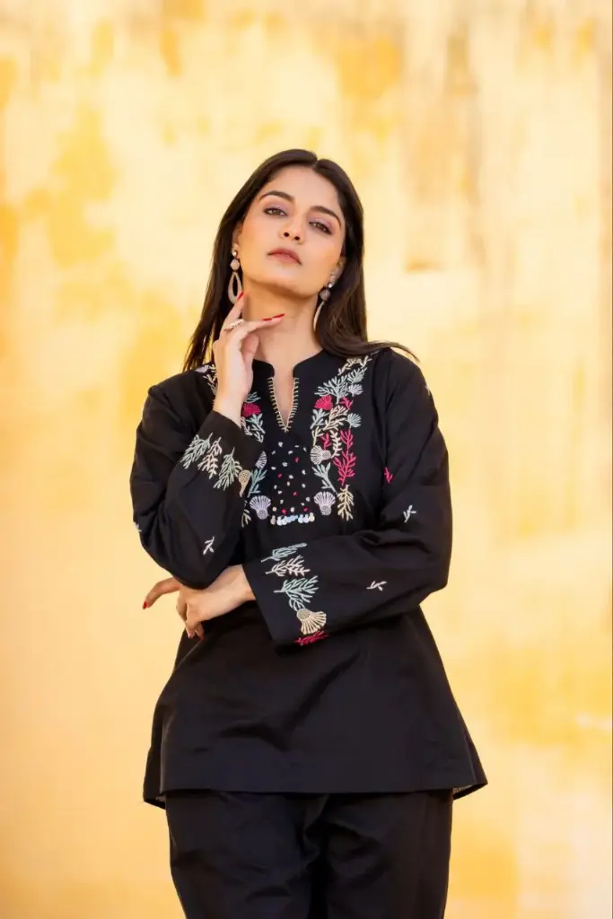 Black Cotton Colorful Embroidered Cord Set