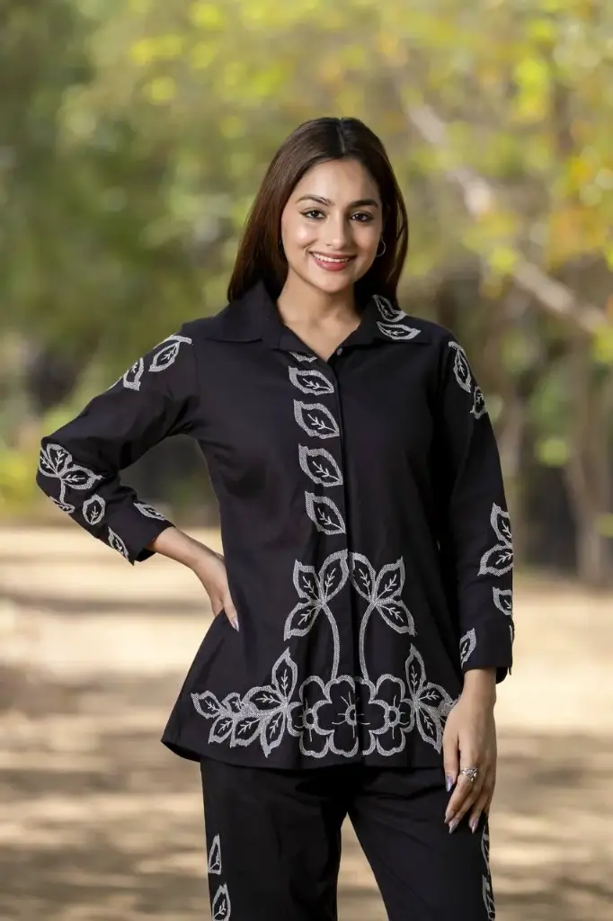 Midnight Black Botanical Floral Embroidered Cord Set