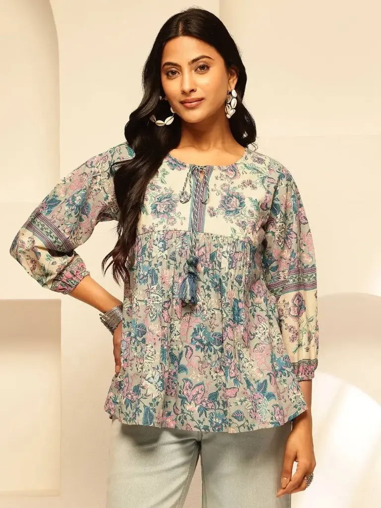 Off White Floral Printed Cotton A-Line Tunic
