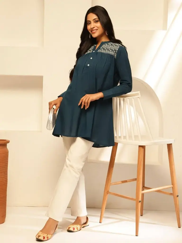 Classic Teal Yoke Stitch Cotton Tunic