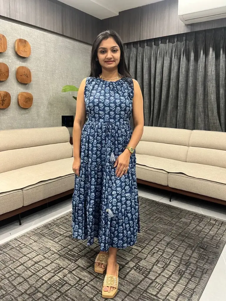 Indigo Pure Cotton Floral Printed Tiered Dress