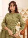 Olive Green Pure Cotton Floral Printed A-line Dress