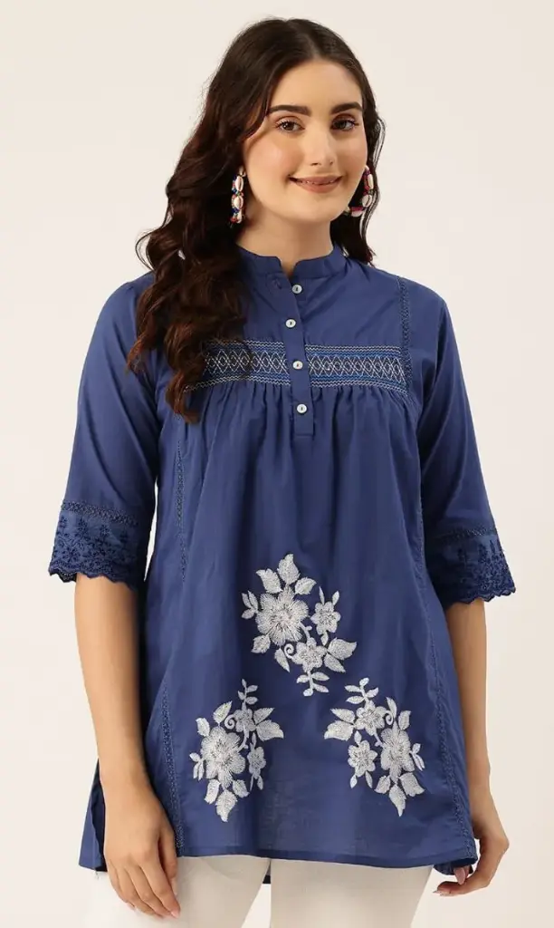 Sharvani Graceful Blue Cotton Embroidery Top