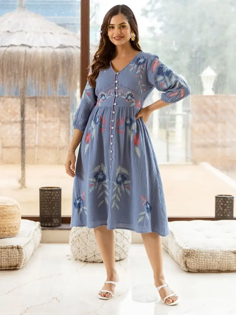 Custard Blue Floral Embroidery Cotton Dress