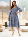 Custard Blue Floral Embroidery Cotton Dress