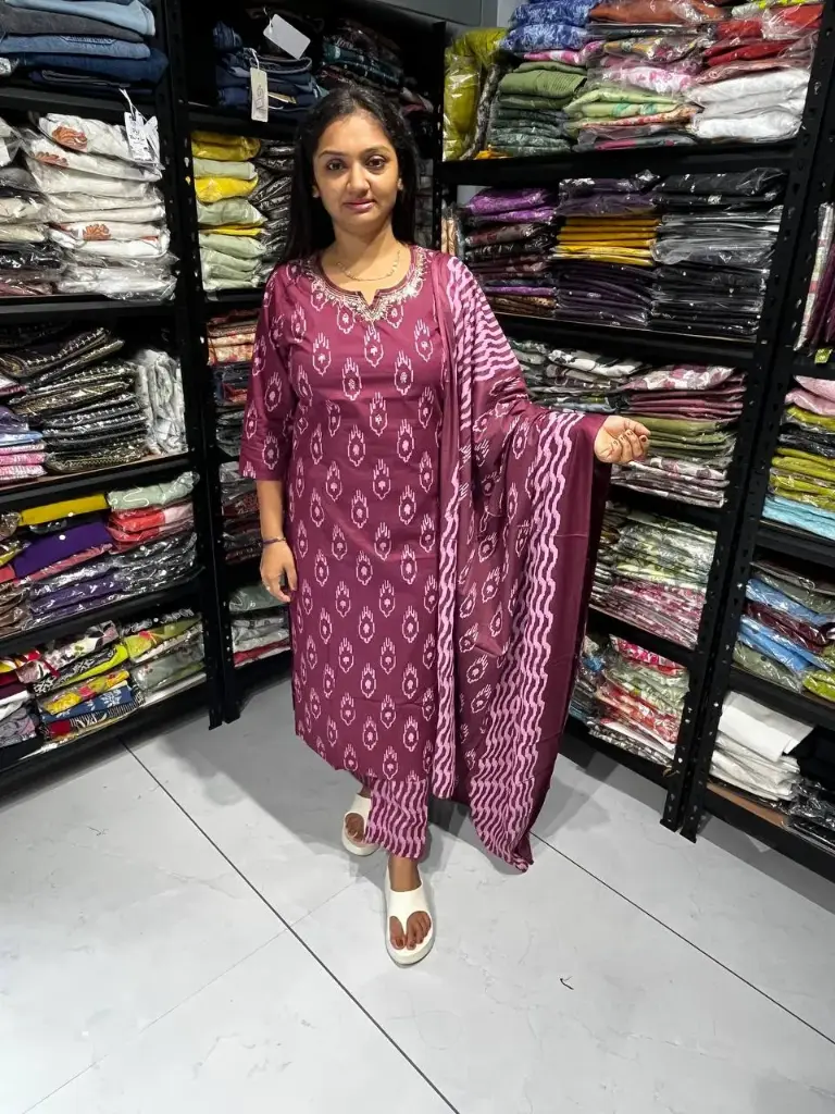 Wine Ikat Grace Cotton 3 Pieces Suit Set