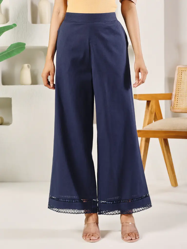 Navy Blue Cotton Solid Palazzo