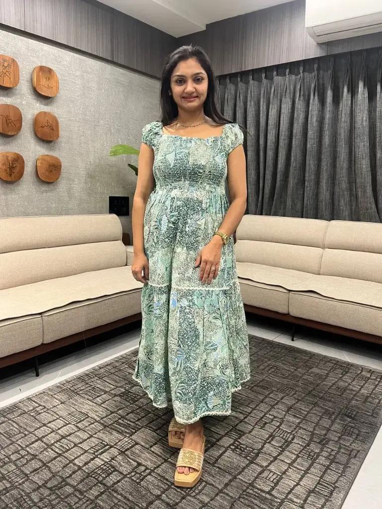 Light Green Leaf Print Cotton Midi Dress