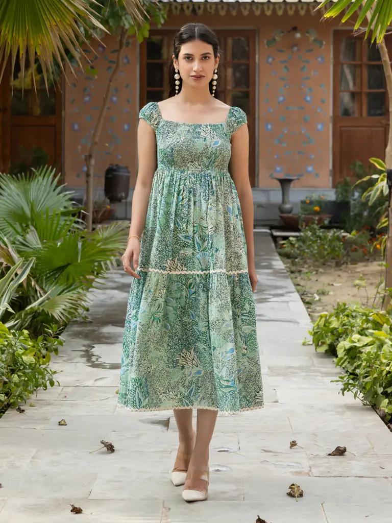Light Green Leaf Print Cotton Midi Dress