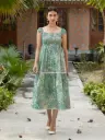 Light Green Leaf Print Cotton Midi Dress