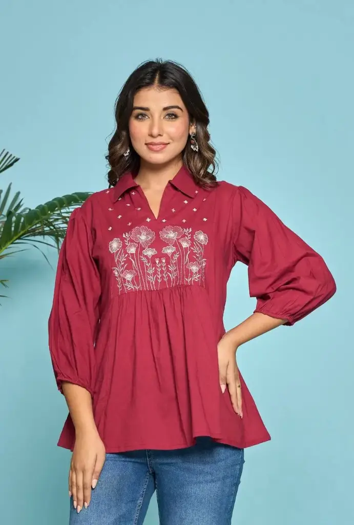 Maroon Crimson Cotton Embroidery Tunic