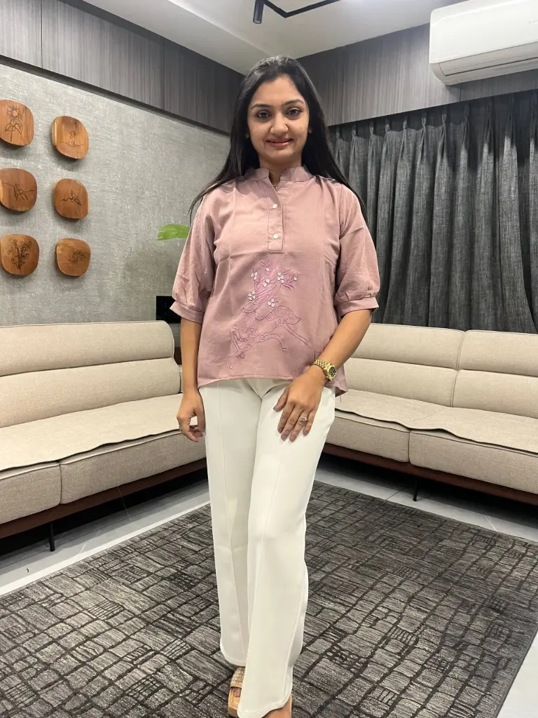 Pink Blush Deer Linen-Cotton Top