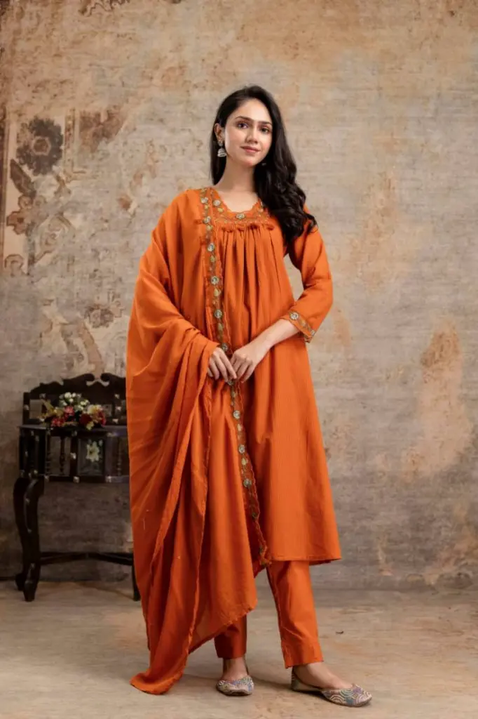 Orange Cotton Silly Kurti Bottom With Dupatta Set
