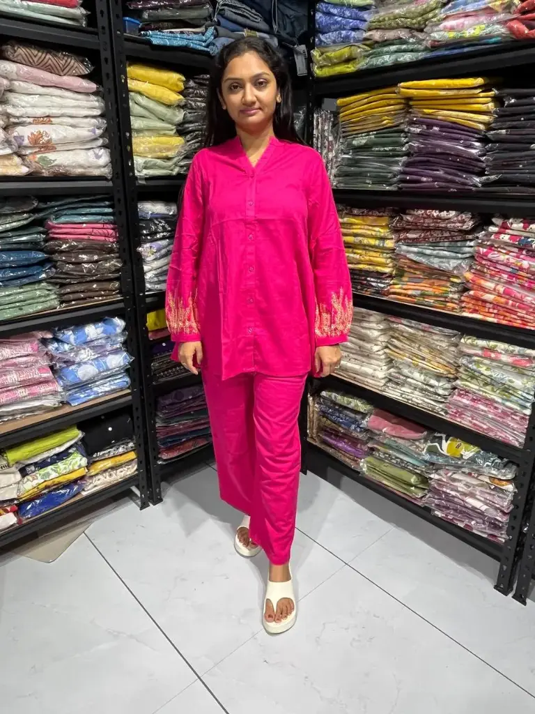 Rose pink Embroidered Cotton Cord Set