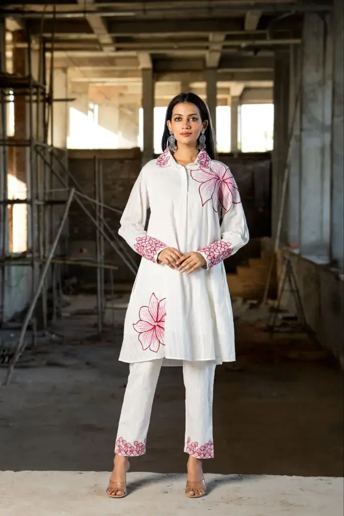 Rosy Charm White Embroidered Two-Piece Set 