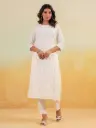 Off White Pure Cotton Embroidered Straight Kurta Pant Set