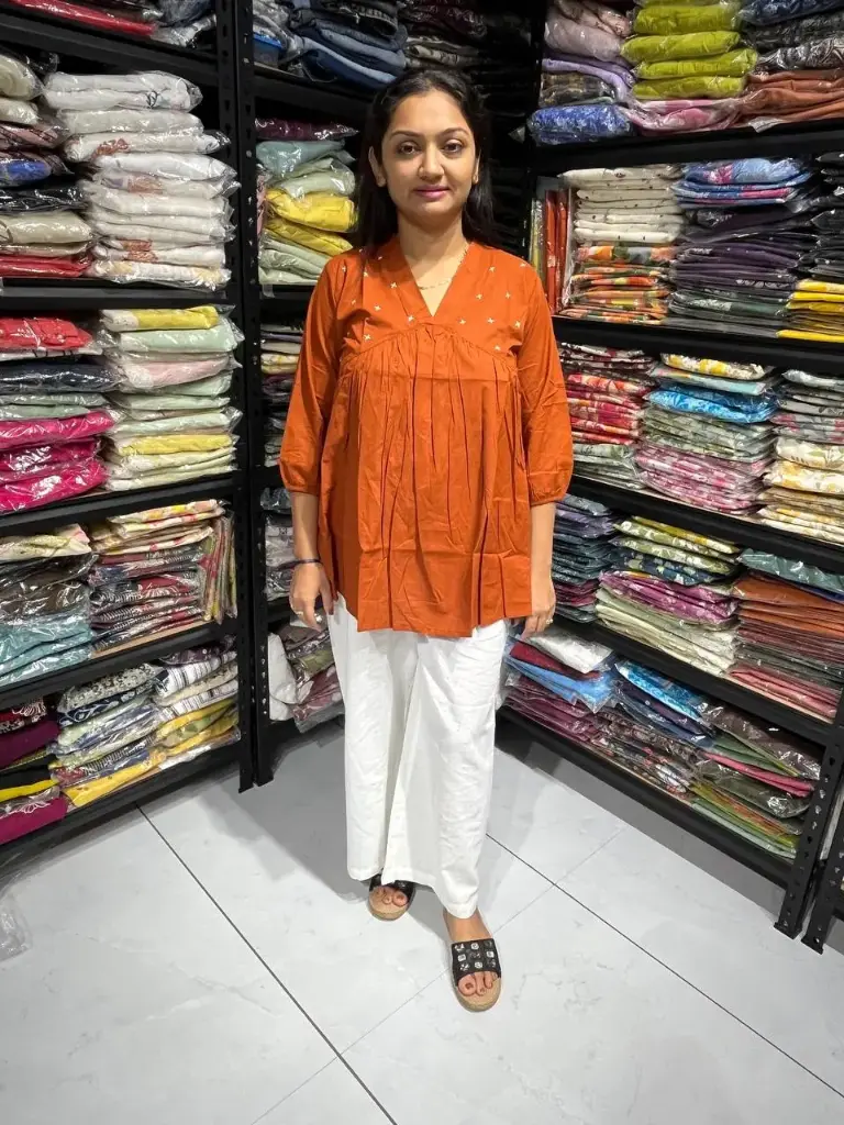 Rust Radiance Pleated Cotton Embroidery Top