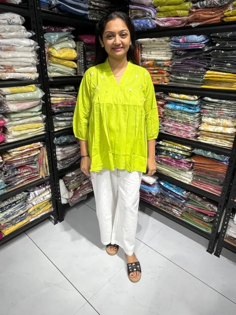 Lime Radiance Pleated Cotton Embroidery Top