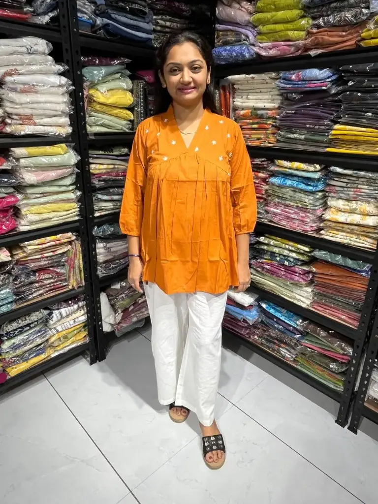Orange Radiance Pleated Cotton Embroidery Top
