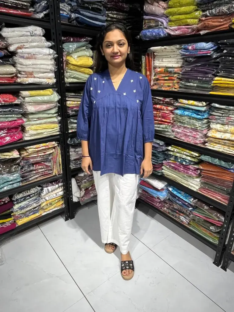 Dark blue Radiance Pleated Cotton Embroidery Top