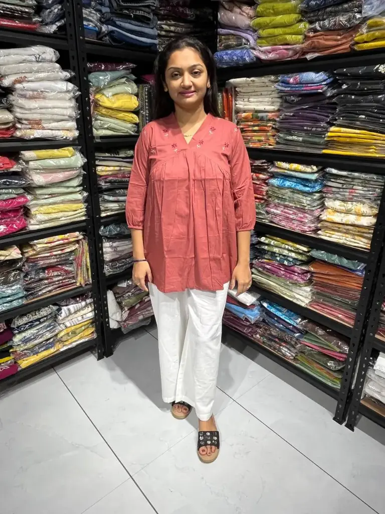 Carrot Radiance Pleated Cotton Embroidery Top