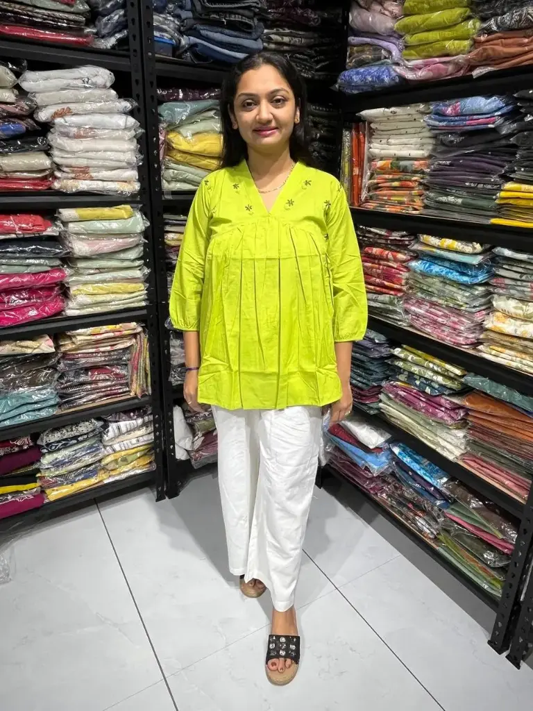 Leaf green  Radiance Pleated Cotton Embroidery Top