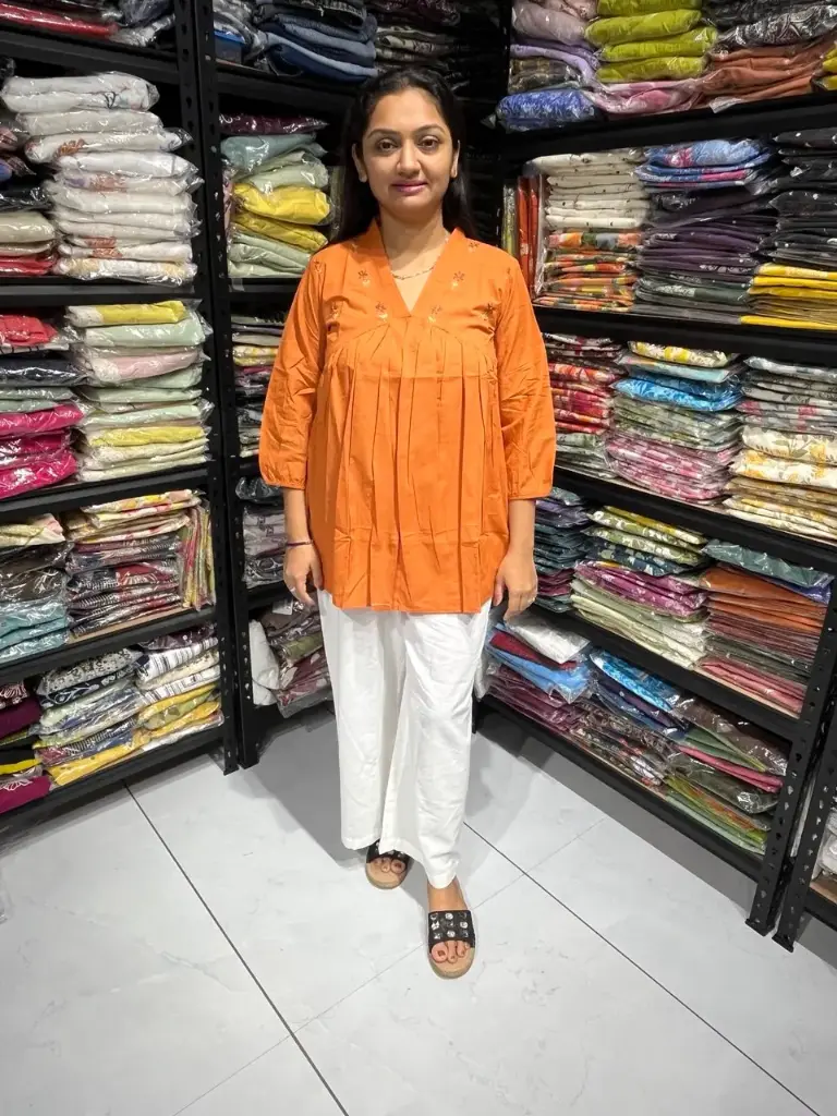 Saffron  Radiance Pleated Cotton Embroidery Top