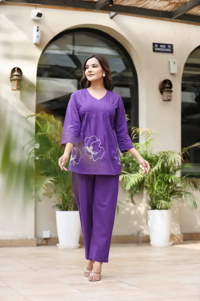 Royal Orchid Soft Cotton & White Floral Embroidery Co-ord Set