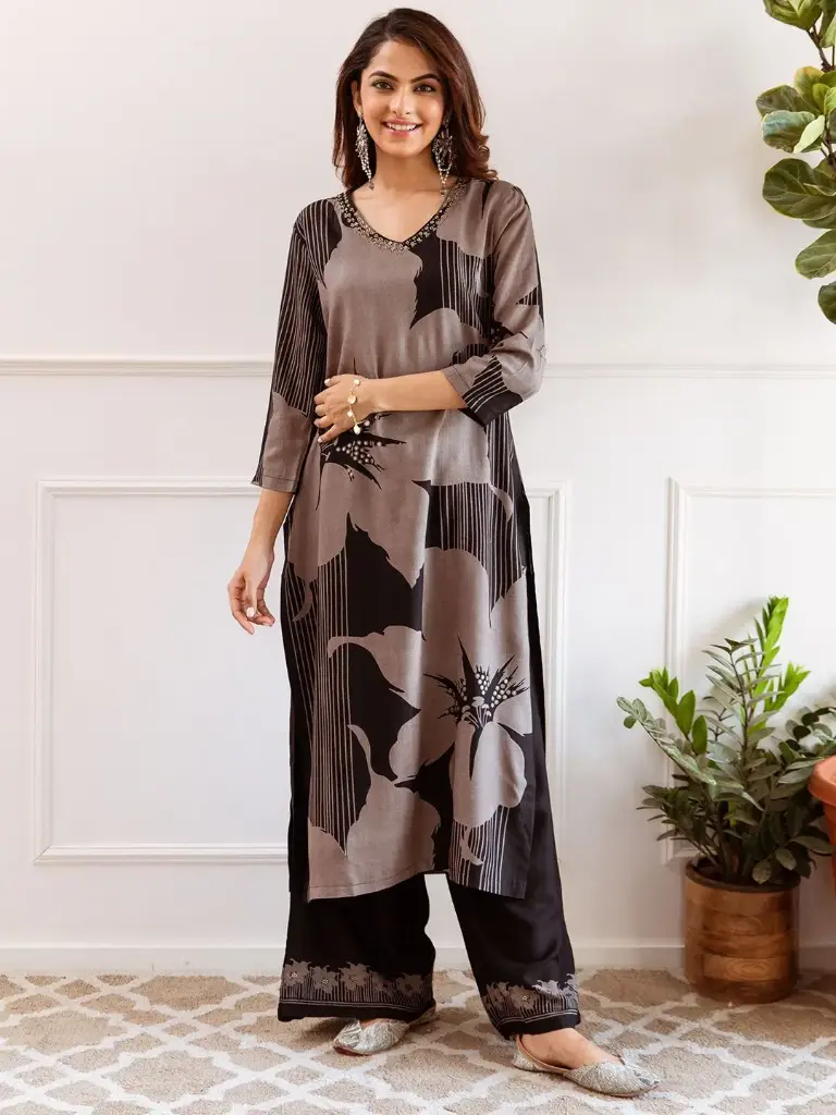 German Rayon Black & Grey Luxe – Embellished Floral Kurta with Pants