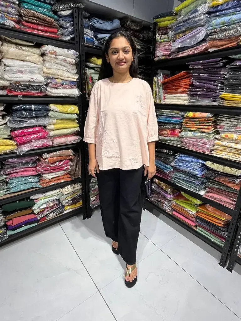 Peach Stretchable Linen Top with Minimal Embroidery