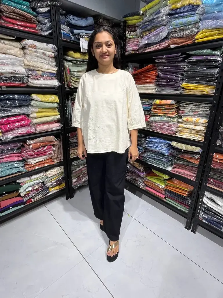 Off White Stretchable Linen Top with Minimal Embroidery