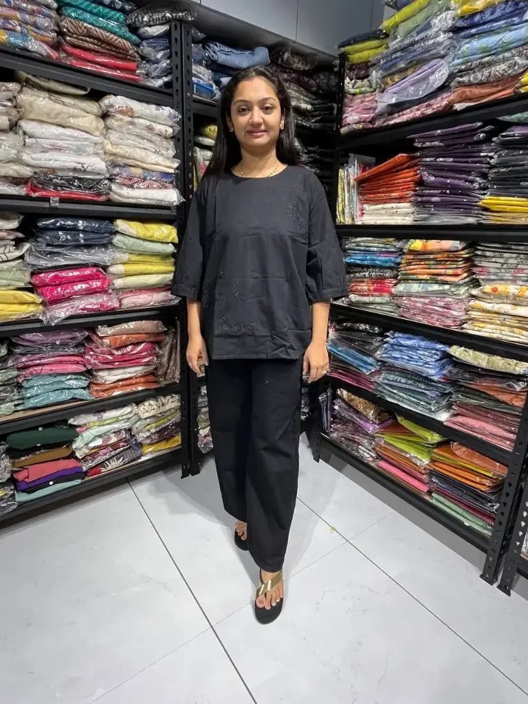 Black Stretchable Linen Top with Minimal Embroidery