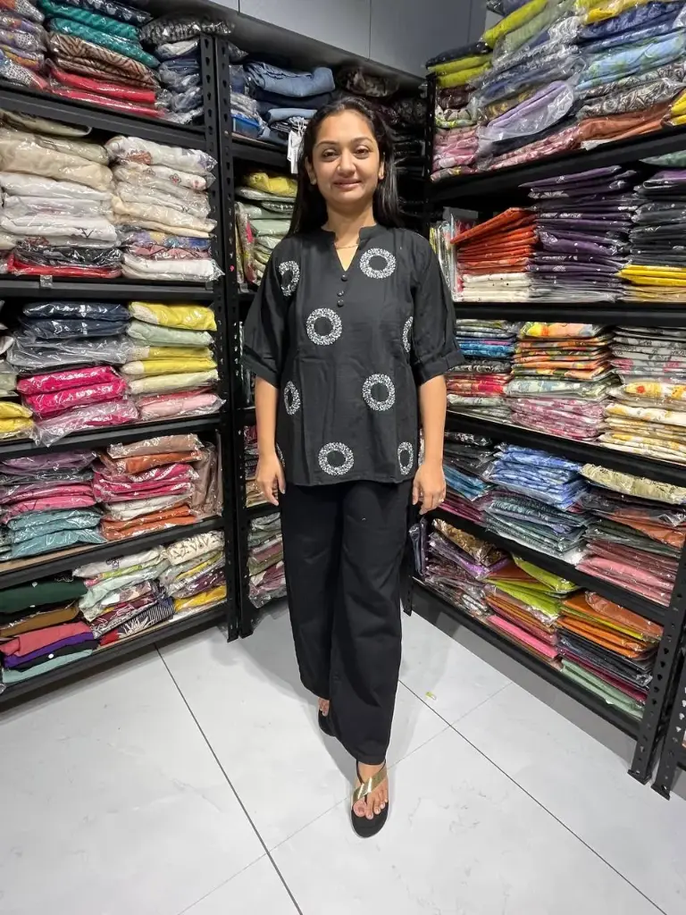 Black Linen Top with Lining & Circle Embroidery