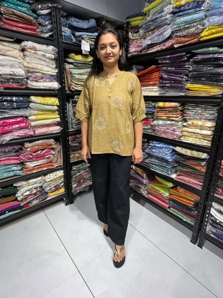 Brown Linen Top with Lining & Circle Embroidery