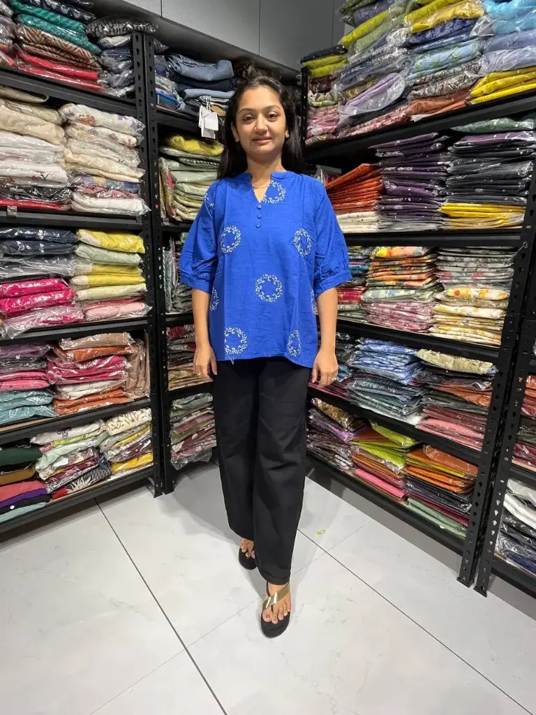 Blue Linen Top with Lining & Circle Embroidery