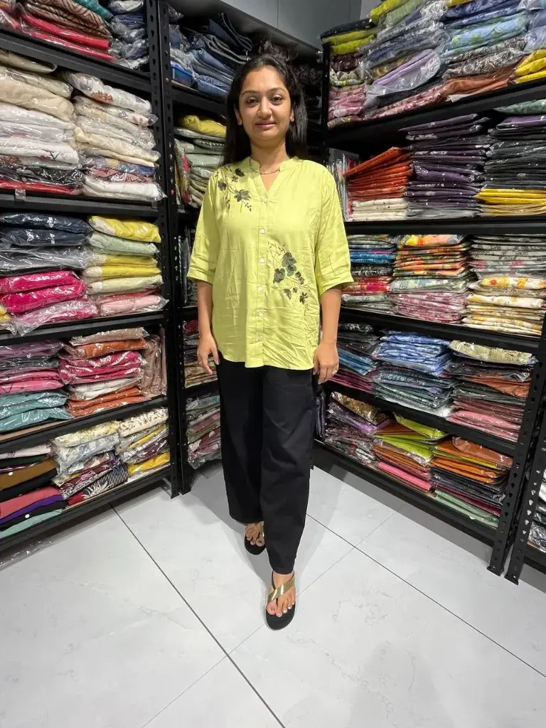 Green Embroidered Linen Cotton Relaxed Fit Top