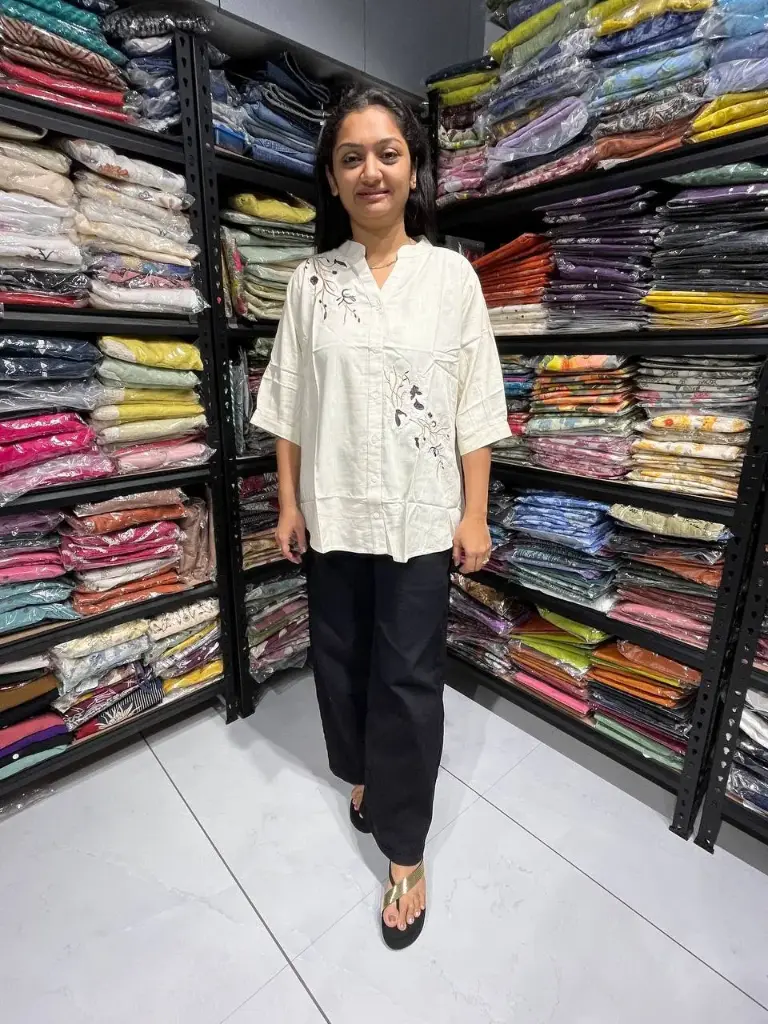 Off white Embroidered Linen Cotton Relaxed Fit Top