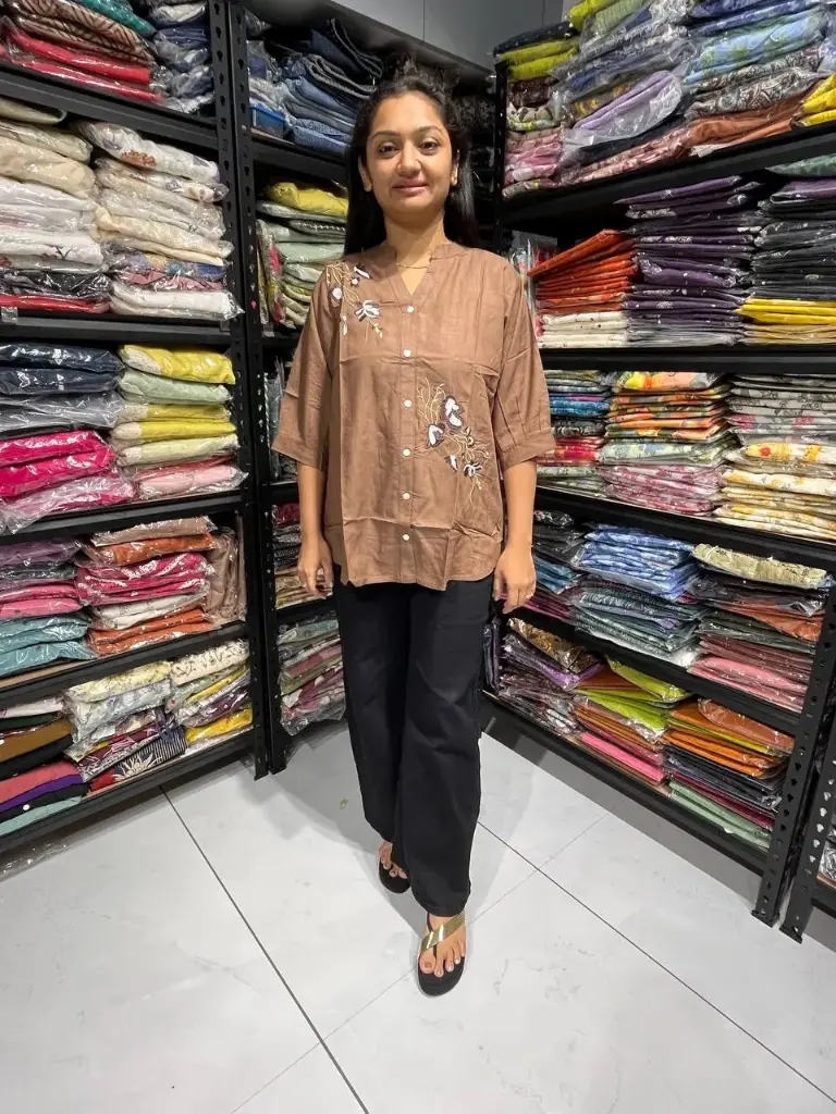 Brown Embroidered Linen Cotton Relaxed Fit Top