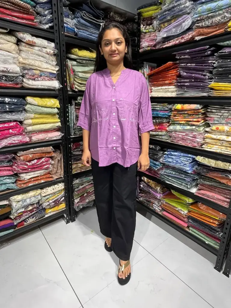 Purple Linen Cotton Casual Top with Heron Motif Embroidery