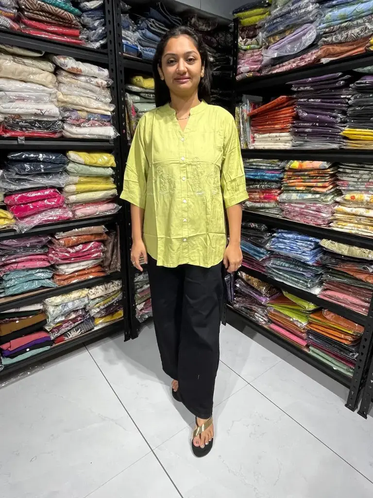 Mustard Linen Cotton Casual Top with Heron Motif Embroidery