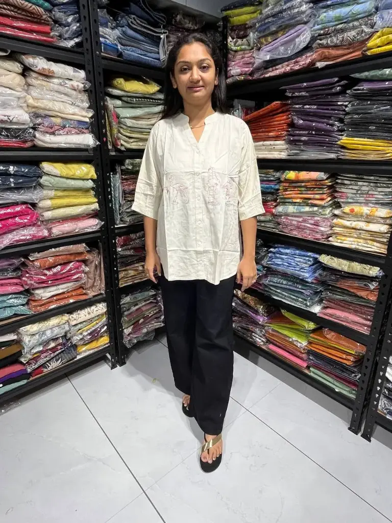 Off white Linen Cotton Casual Top with Heron Motif Embroidery